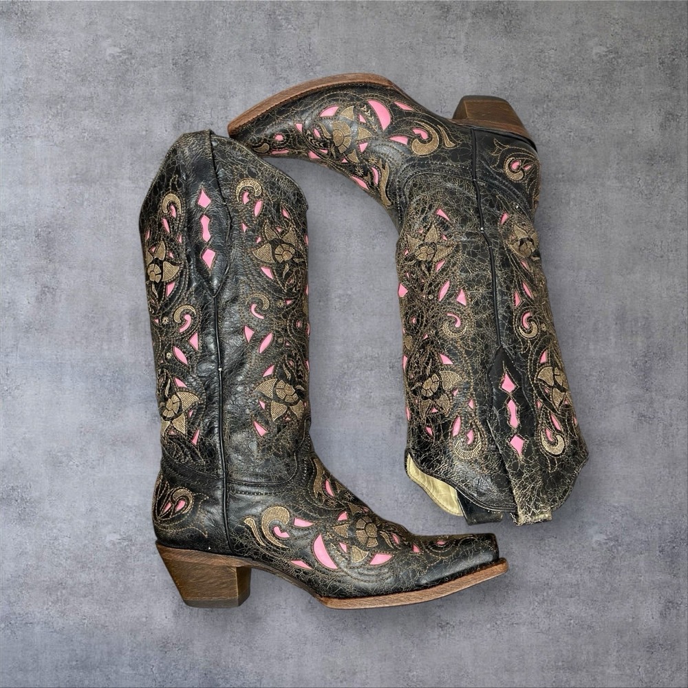 Corral Vintage Western Boots Womens 7.5 Pink Inlay Snip Toe Boho Festival Cowboy - Picture 8 of 11